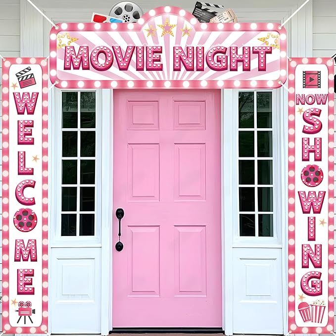 3Pcs Pink Movie Night Porch Banner Decoration Movie Theme Party Decorations Movie Theater Welcome Now Showing Door Banner Porch Sign Door Decor for Girls Film Theater Birthday Party Supplies
