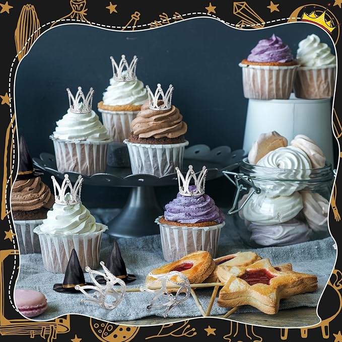 24 Pack Witch Hat and Crown Cake Topper Bad Witch Birthday Party Decorations Mini Wizard Hats Silver Crown Cupcake Toppers Decor Princess Cake Accessories for Birthday Party Supplies Crafts
