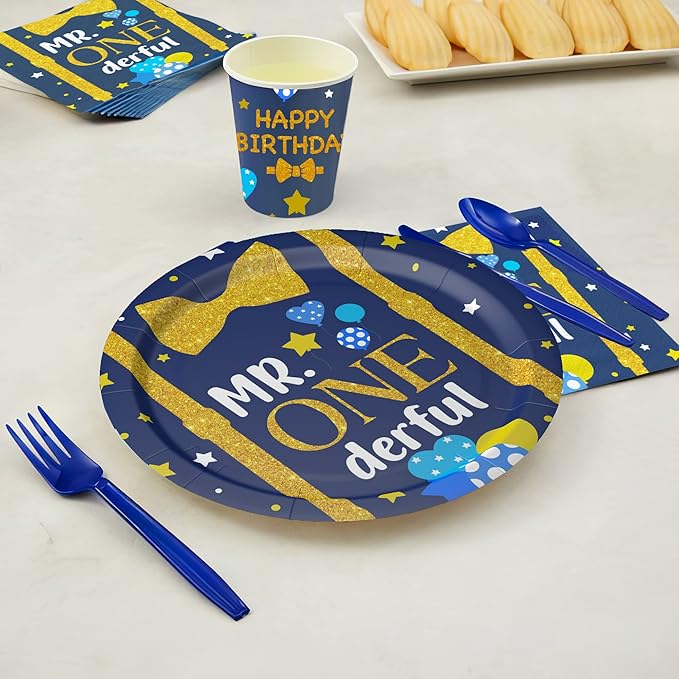APOWBLS Mr Onederful First Birthday Decorations Tableware Boy, Baby Boy Onederful 1st Birthday Party Supplies, Paper Plate, Cup, Napkin, Tablecloth, Cutlery | Serves 24