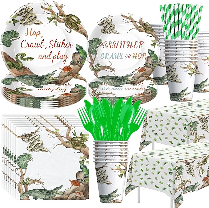 Reptile Birthday Party Supplies - Reptile Party Decorations, Plate, Cup, Napkin, Tablecloth, Tableware, Jungle Swamp Animal Lizard Snake Turtle Alligator Theme Party Decorations | Serve 24