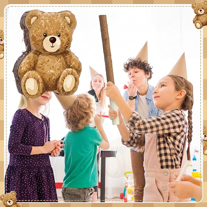 Bear Piñata Birthday Party Decorations Animal Birthday Party Supplies Brown Piñata with Blindfold Stick for Boys Girls Kids Valentine Baby Shower Decor Supplies Favors