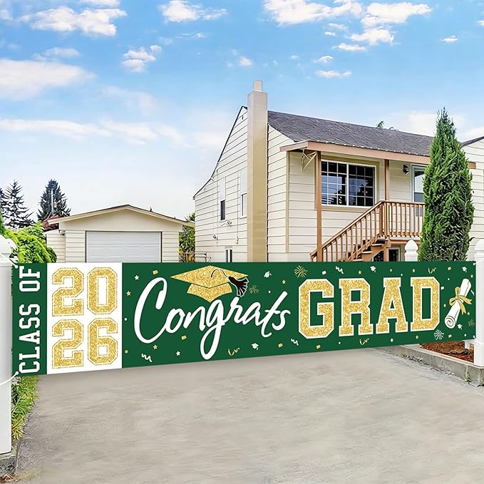 Graduation Banner Class of 2026 - Large Congrats Grad Yard Sign 2026 Green Gold Congrats Grad Banner Fence Yard Sign for Graduation Decorations Party Supplies