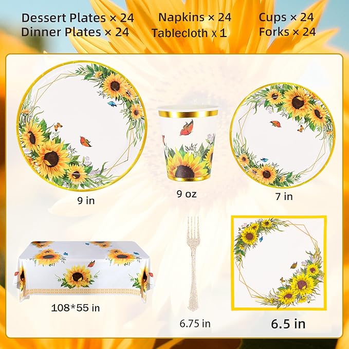 Sunflower Party Supplies, Disposable Plates, Cups, Napkins and Cutlery for Birthday, Bridal Shower, Sunflower Party Decorations Serves 24