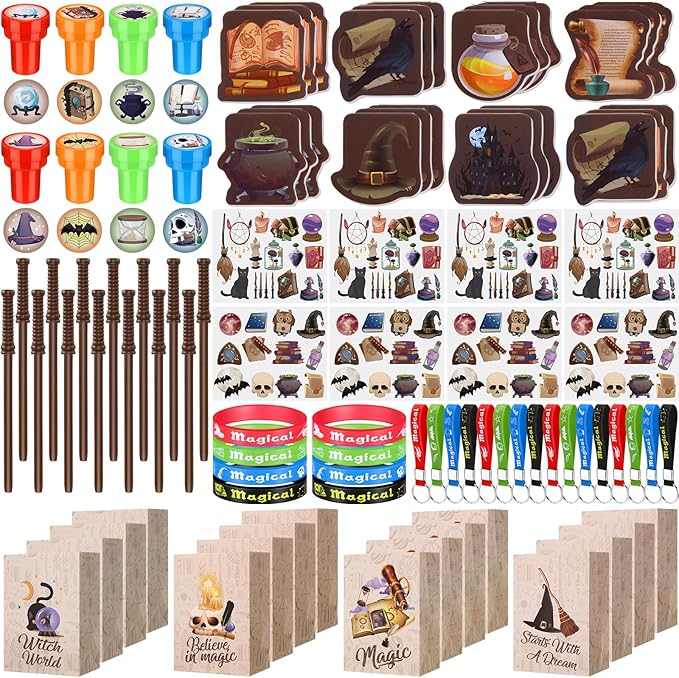 Yexiya 216 Pcs Wizard Party Supplies Magic Theme Birthday Favors with Wizard Wands Pencils Mini Notebook Glasses Bracelet Stickers Gift Bags Favor for Goodie Bag Stuffers Classroom Prizes Supplies