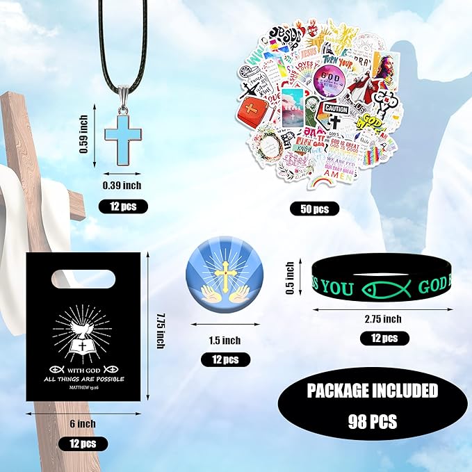 98 PCS Bible Verse Party Favors, Jesus Party Favors Cross Necklace Goodie Bags with Stickers, Rubber Bracelets, Button Pins and Bags for Christian Gathering Party Supplies Decorations