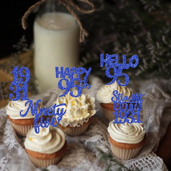 30 PCS 95th Birthday Cupcake Toppers Glitter Ninety Five Happy 95 Straight Outta 1931 Cupcake Picks for Cheers to 95 Fabulous 95th Birthday Anniversary Party Cake Decorations Supplier Blue