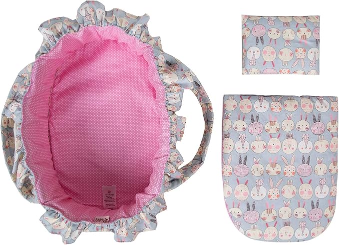 Doll Carry Cot Set, Soft 3PC Set Includes Cot, Mattress and Pillow, Blue Rabbit Doll Bassinet, Fits for 10-12 Inch American Girl Dolls