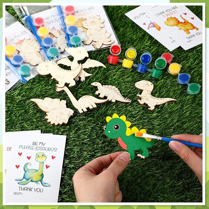 Leinuosen 28 Sets Dinosaur Party Favors Wood Painting Craft Kits with Art Supplies and Inspirational Cards Thank You for Coming Gifts for Summer Birthday Party Goodie Bag DIY Prizes