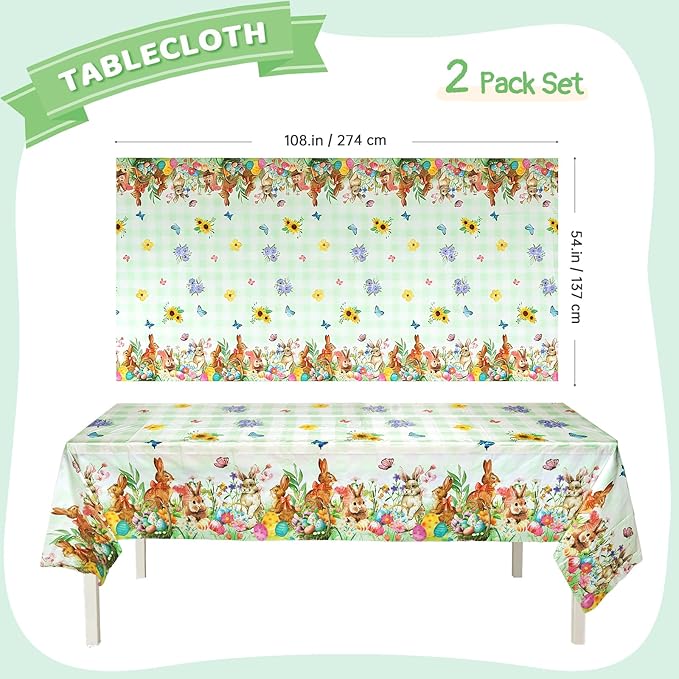 Accevo Easter Tablecloth 54 x 108 Inch Rectangle,2 Pack Easter Decorations, Disposable Plastic,Easter Bunny Table Cloth for Dining Room Spring Oblong Tablecloth Indoor Decor Party