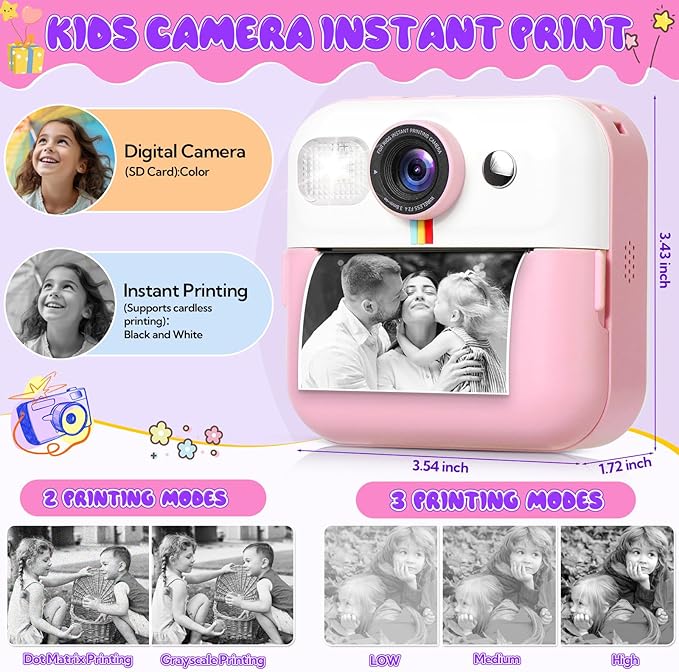 Photomaker Kit Kids 1080P Instant Print Camera for Kid 93 Pcs DIY Journal Kit for Girls Kids Camera Instant Print with 3 Roller Photo Paper Ideas Birthday Gifts and Toys for Girls Boys Age 6-14 Pink