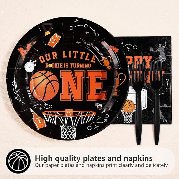 96Pcs Basketball 1st Birthday Party Supplies My Rookie Year First Plates and Napkins Disposable Basketball Theme 1st Tableware Set for Boys Kids One Year Old Baby Shower Party Decorations，Serves 24