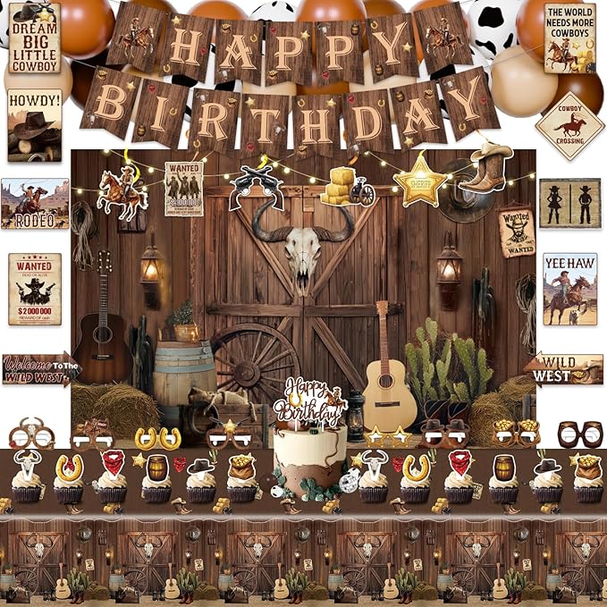Western Party Decorations, Wild West Cowboy Retro Birthday Party Decor Supplies for Boy - Backdrop, Banner, Balloons, Tablecloth, Centerpieces, Hanging Swirl, Paper Glasses, Wall Signs