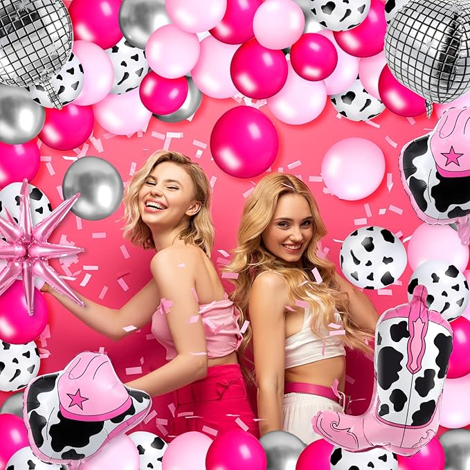 Hungdao 23 Pcs Cowgirl Theme Party Balloons Set Cow Print Cowgirl Hat Boot Pink Silver Star Balloons Ribbon for Western Theme Decorations Retro Horse Rodeo Party Supplies(Classic)