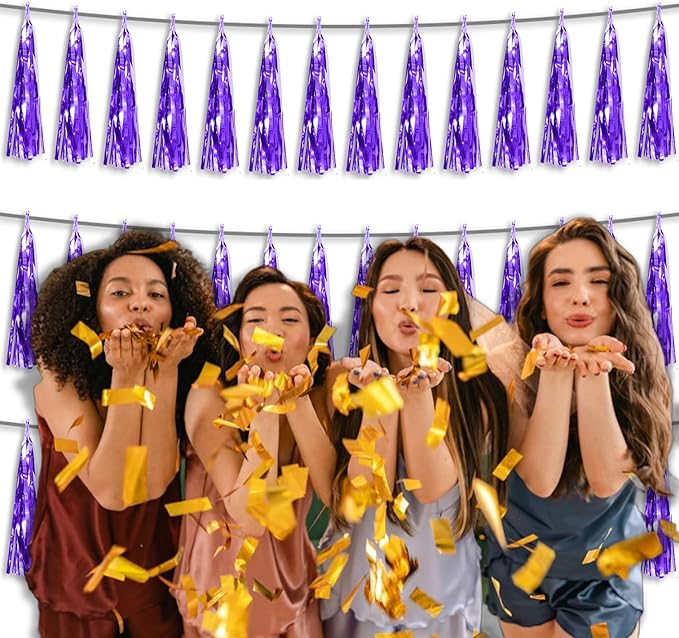 3P Metallic Fringe Tassel Banner Garland Foil Tinsel Streamer Wall Hanging Curtain Backdrop Banner for Parade Floats,Graduation Decorations, Father's Day Party Decoration(Purple)