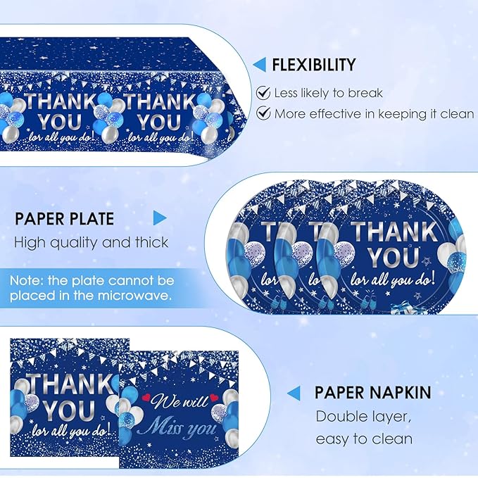 41Pcs Blue Silver Thank You Decorations Thank You for All You Do Tableware Disposable Paper Plates Napkins Tablecloth丨Teacher Employee Staff Doctors Nurse Pastor Appreciation Week Party Decor
