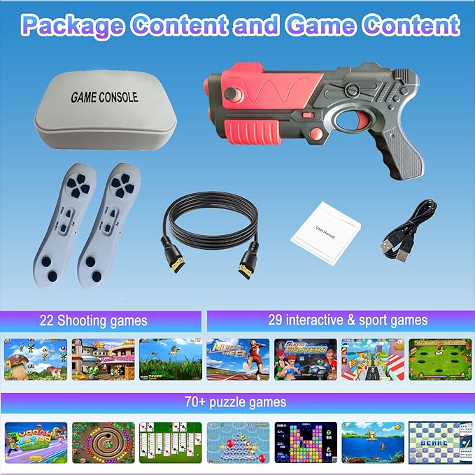 Video Game Console with 100+ Games, Handheld Video Game Console for Kids, Plug and Play Video Games for TV, Shooting Games,Game Gun with 2 GameController, Xmas Birthday Toy Gift for Boys Girls Age 3 +