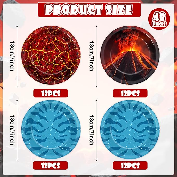 48PCS Fire Party Decorations 7" Volcano Paper Plates Volcano Hot Lava Birthday Supplies Cartoon Dessert Tableware Set Ocean Patterns Printed Disposable Plates for Kids Baby Shower Birthday Party Favor