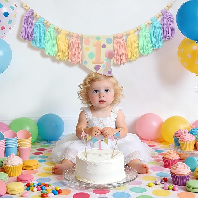 Macaron Pastel Dot 1st High Chair Banner Conical Cap Colourful Macaron Cake Topper for Boys Girls Birthday Party Decorations