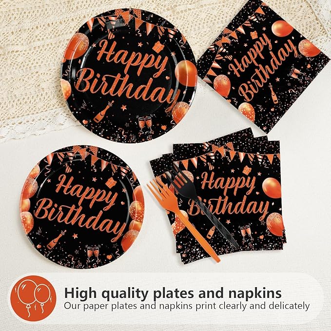 96Pcs Orange Black Happy Birthday Party Decorations Black and Gold Plates and Napkins Disposable Whiskey Bday Tableware Set for Women Girls Kids Boys Men Birthday Baby Shower Party Supplies Serves 24