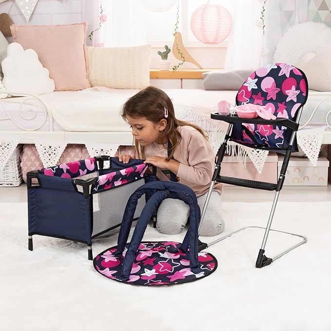 Bayer 9-in-1 Doll Accessory Set with Travel Bed & Highchair - Perfect Toy for Dolls - Includes Plate, Utensils, Play Mat and More