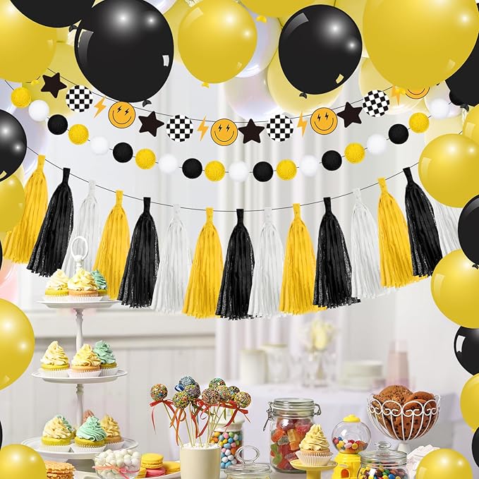 53 Pcs One Happy Dude Birthday Decorations 1st Birthday Paper Tassel Banners Lightning Smile Face Garland Decoration Two Cool High Chair Banner for One Happy Dude Party Favors Supplies