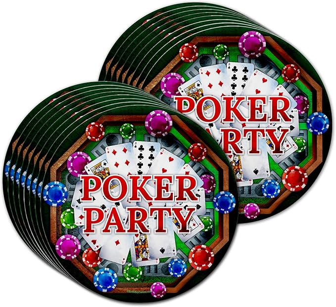 Birthday Galore Poker Party Supplies Set - Plates, Napkins, Cups - Red, Blue, Yellow - Poker Theme - 16 Guests