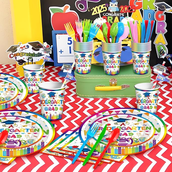175 Pcs Kindergarten Graduation Tableware Set Party Supplies - Serves 25, Colorful Kindergarten Grad Disposable Plates, Cups, Napkins, Forks, Spoons, Knives for Kids School Graduation Decorations