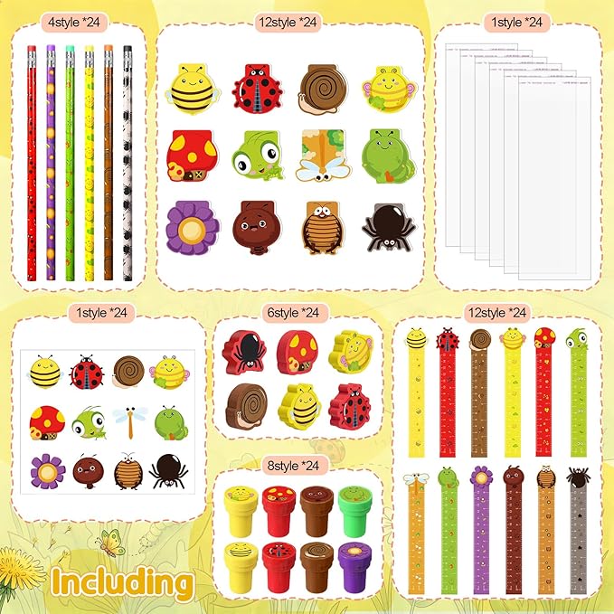 168 Pcs Insect Party Favors Set Bee Ladybug Frog Snail Mushroom Flower Theme Stationery Kit with Pencils Notepads Stampers Rulers Erasers Stickers Gift Bags Bug Party Supplies for Birthday