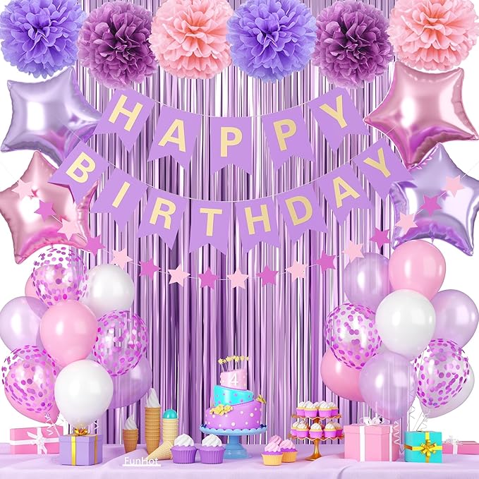 Purple Pink Birthday Decorations,Princess Party Decorations for Women Girls with Pink Purple Balloons Happy Birthday Banner Fringe Curtain Tissue Pompoms Star Garland