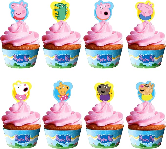 Treasures Gifted Officially Licensed Peppa Pig Birthday Decorations - Cupcake Toppers and Wrappers 24ct - Dessert Toppers & Cupcake Kit - Peppa Pig Party Supplies