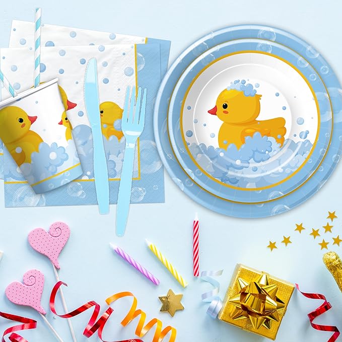 APOWBLS Rubber Duck Decorations Tableware - Bubble Bath Rubber Duck Party Supplies For Baby Shower Birthday, Paper Plate, Napkin, Tablecloth, Disposable Fork | Serves 24