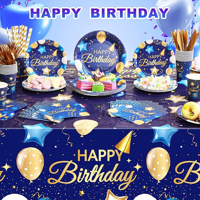 Norme 176 Pcs Navy Blue and Gold Birthday Tableware Set Birthday Decoration Includes Tablecloth Paper Plates Napkins Paper Cups Forks Knifes and Straws for 25 Guests Party Supplies (Fashion)