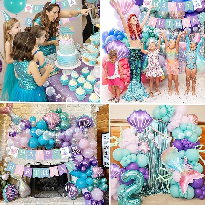 Mermaid Birthday Decorations, Birthday Decorations for Girls Women, Little Mermaid Under the Sea Party Decor Supplies with Mermaidtail Balloons Bubble Garland banner Fringe Backdrop Cake Topper