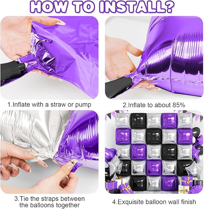 Black Purple Silver Foil Balloon Wall,25Pcs Double Sided Balloons Backdrop Helium Balloon Tunnel Arch Garland Kit for Birthday Graduations Anniversary Baby Shower Party Decorations