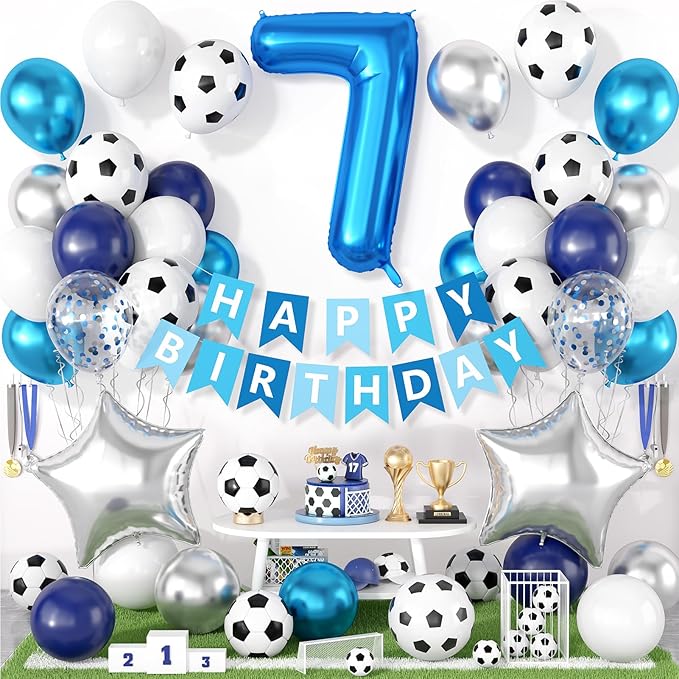 7th Soccer Birthday Party Decorations for Boys, Soccer Theme Party Decorations with Blue White Silver Balloons 'HAPPY BIRTHDAY' Banner 32in Foil 7 Balloon for Boy Kids Men Birthday Baby Shower Decor