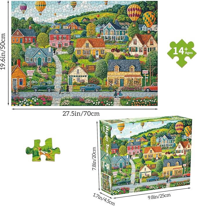 Jigsaw Puzzles for Adults 1000 Pieces, Interlock Perfectly Letter on Back No Dust, Home Decor Birthday Party Gift Toy for Men Women Elders Seniors, 1:1 Poster-Happy Town