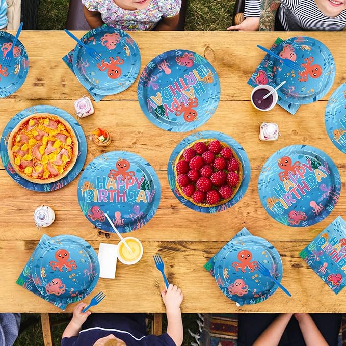 96Pcs Octopus Birthday Party Decorations Under the Sea Plates and Napkins Cute Octopus Ocean Animal Tableware Set for Cute Sea Animals Birthday Baby Shower Supplies, Serves 24