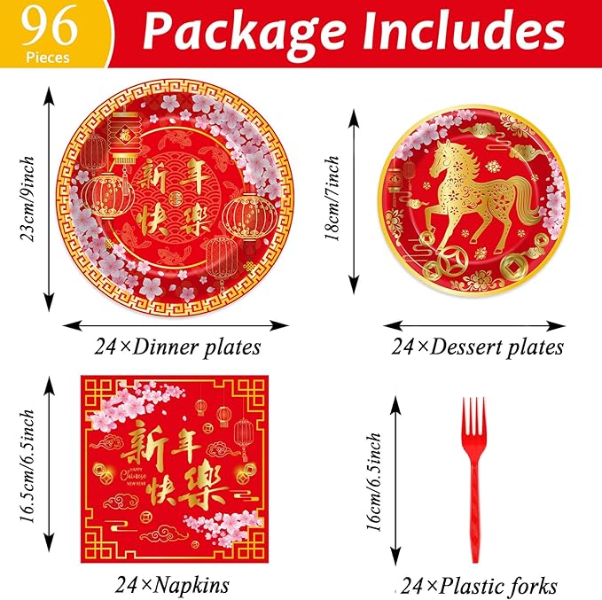 96 Pcs Chinese New Year Party Supplies Paper Plates Napkins Happy 2026 Red Gold Horse Tableware Set Spring Festival Party Plates Napkins Forks Chinese Lunar New Year Eve Decorations Serves 24