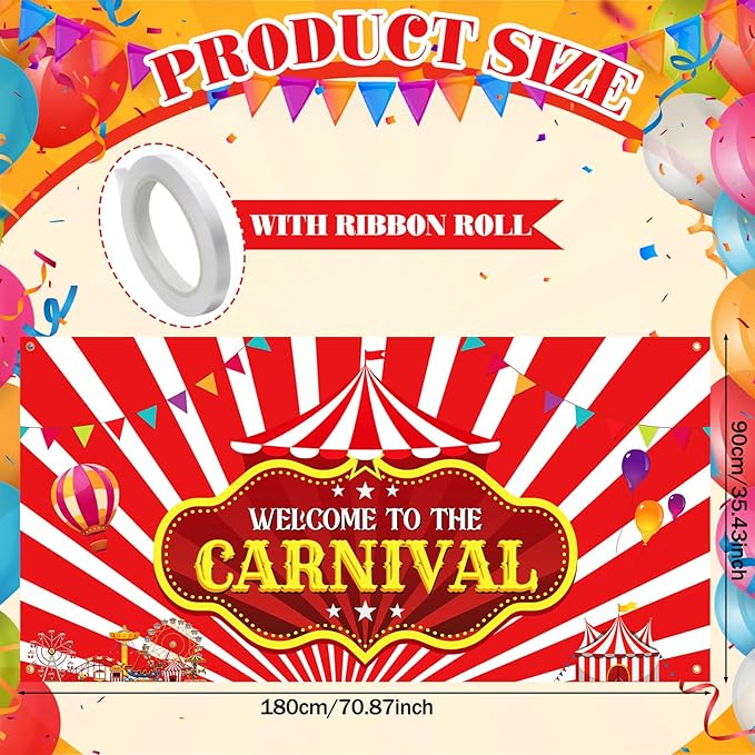 Welcome to the Carnival Banner Carnival Decorations Circus Party Supplies Background for Circus Theme Party Decorations Birthday, 71 x 35 Inch (Tent Striped)
