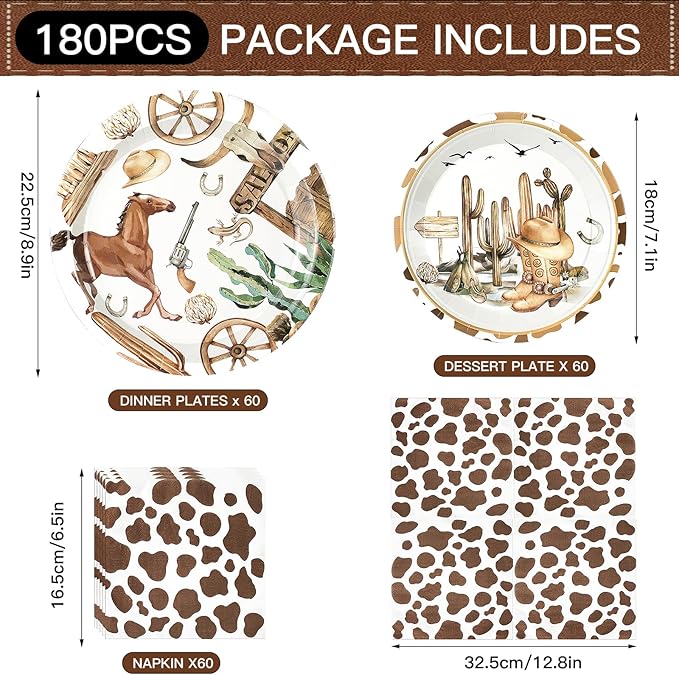 180PCS Cowboy Party Supplies Serve 60, Western Party Paper Plates and Napkins Kit for Wild West Cowboy Rodeo Birthday Baby Shower Decorations, Includes Dinner Plates, Dessert Plates, Napkins