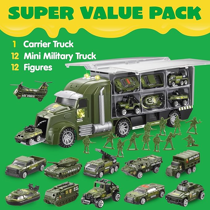 JOYIN 25 in 1 Military Kids Truck Toys for Age 3+, Toddler Boy Toys, Army Men Tanks Set with Soldier Men, Mini Battle Cars in Carrier Truck with Lights and Sounds, Gifts for Grandkids, Easter Basket