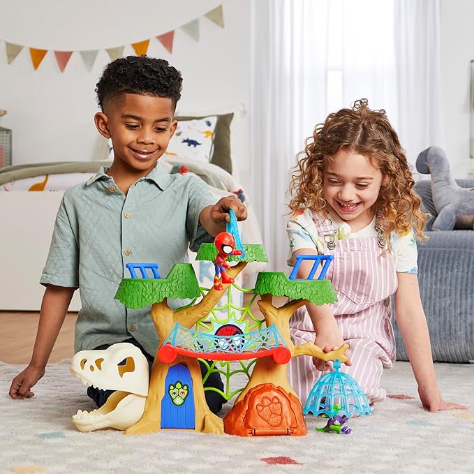 Marvel Spidey and His Amazing Friends Dino-Webs Treehouse Playset, Spider-Man & Goblin Raptor 4-Inch-Scale Action Figure Set, Ages 3 & Up