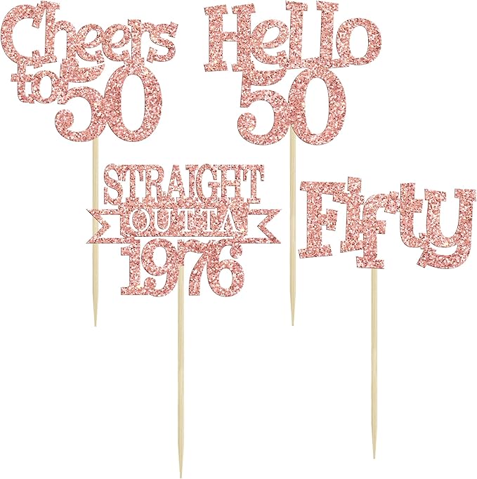 Ephlyn 24Pcs Happy 50th Birthday Cupcake Toppers Glitter Straight Outta 1976 Cupcake Picks Hello 50 Cheers to 50 Years Birthday Cake Decorations for 50th Birthday Anniversary Party Supplies Rose Gold