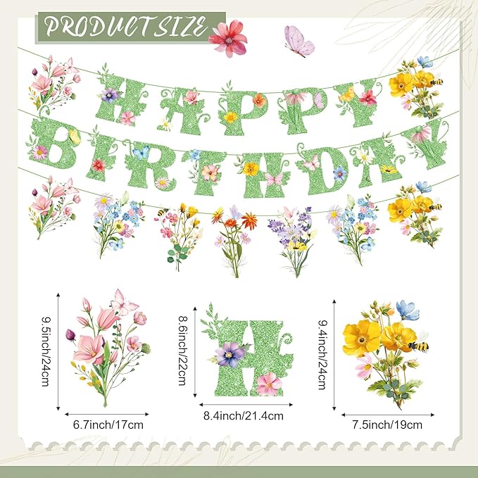 3 Pcs Wildflower Birthday Party Decorations Green Glitter Happy Birthday Banner Colorful Hanging Decor Funny Banner Cutout Garland for Themed Decoration Bridal Shower Garden Party Supplies