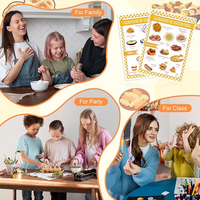 7 Pieces Restaurant Server Play Toys Set Pretend Play Restaurant Food Kids Waitress Set Pretend Restaurant Menus with Play Kitchen Dress Up Clothes for Toddler Girls Boys Party Learning Birthday Gift
