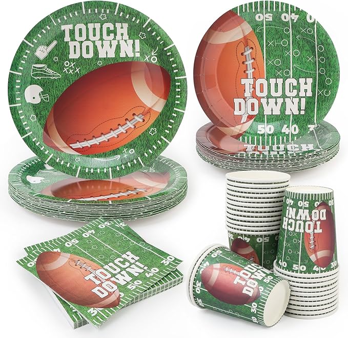 96Pcs Football Paper Plates and Napkins and Cups - Football Sport Party Supplies Kids Birthday Party Decorations Celebratory Banquet Touch Down, Serves 24
