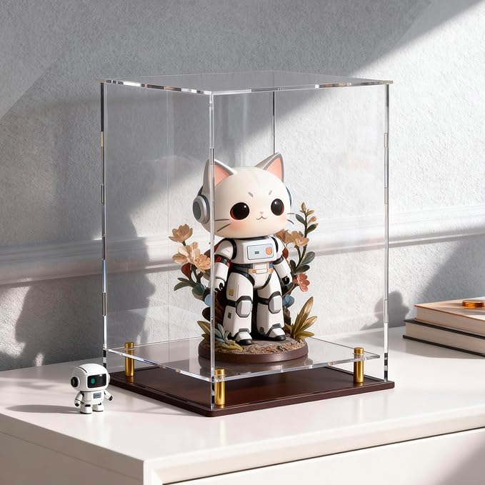 Acrylic Display Case for Collectibles, Dustproof Acrylic Box with Clear Display Elevation & Gold Risers, Large Display Case for Figures Toys Memorabilia, 9" L x 9" W x 13" H