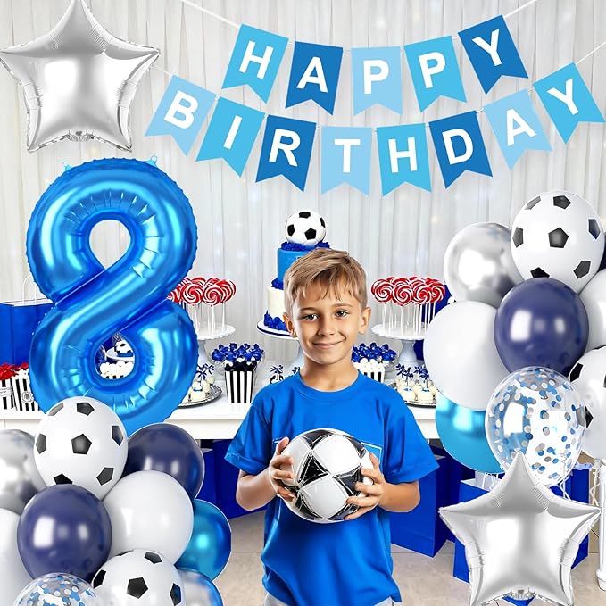 Soccer Birthday Party Decoration for Boys, 8th Soccer Birthday Decoration with Blue White Silver Balloons 'HAPPY BIRTHDAY' Banner 32in Foil 8 Balloon for Boy Kids Birthday Baby Shower Decor