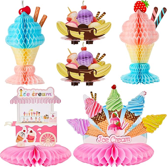 Outus 6 Pieces Table Centerpiece Tissue Honeycomb Table Centerpieces for Theme Party Decorations Supplies Birthday Baby Shower(Ice Cream)