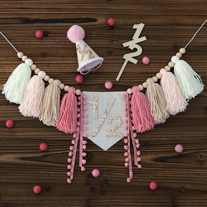 1/2 Pink Baby Girl Birthday Highchair Banner Wood Bead Tassel Garland Half Birthday Conical Cap Wooden Cake Topper Happy Half Year Party Photoshoot Props
